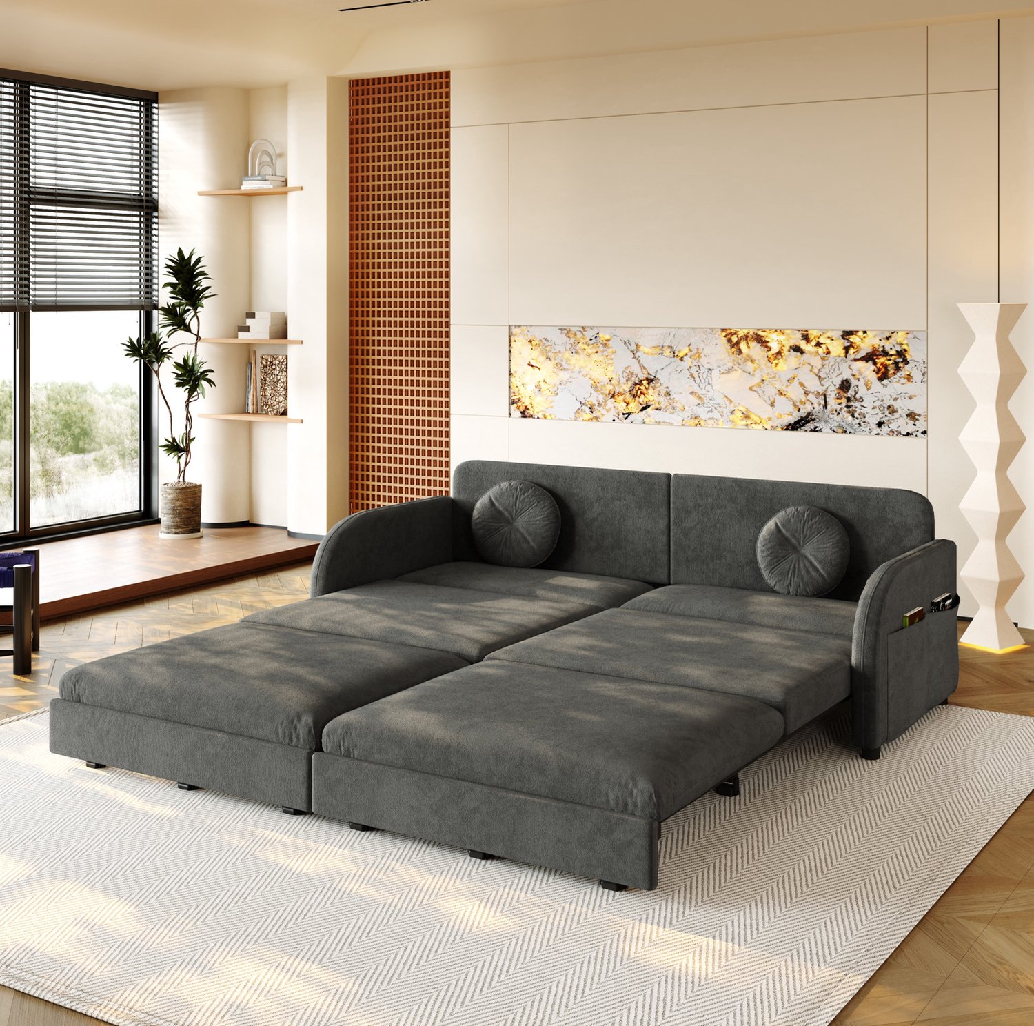 MIVRAY Slaapbank 206 x 84 x 90 cm - Uitschuifbaar met Zijvakken en Kussens - Voor Woonkamer en Logeerkamer - Chenille - Grijs