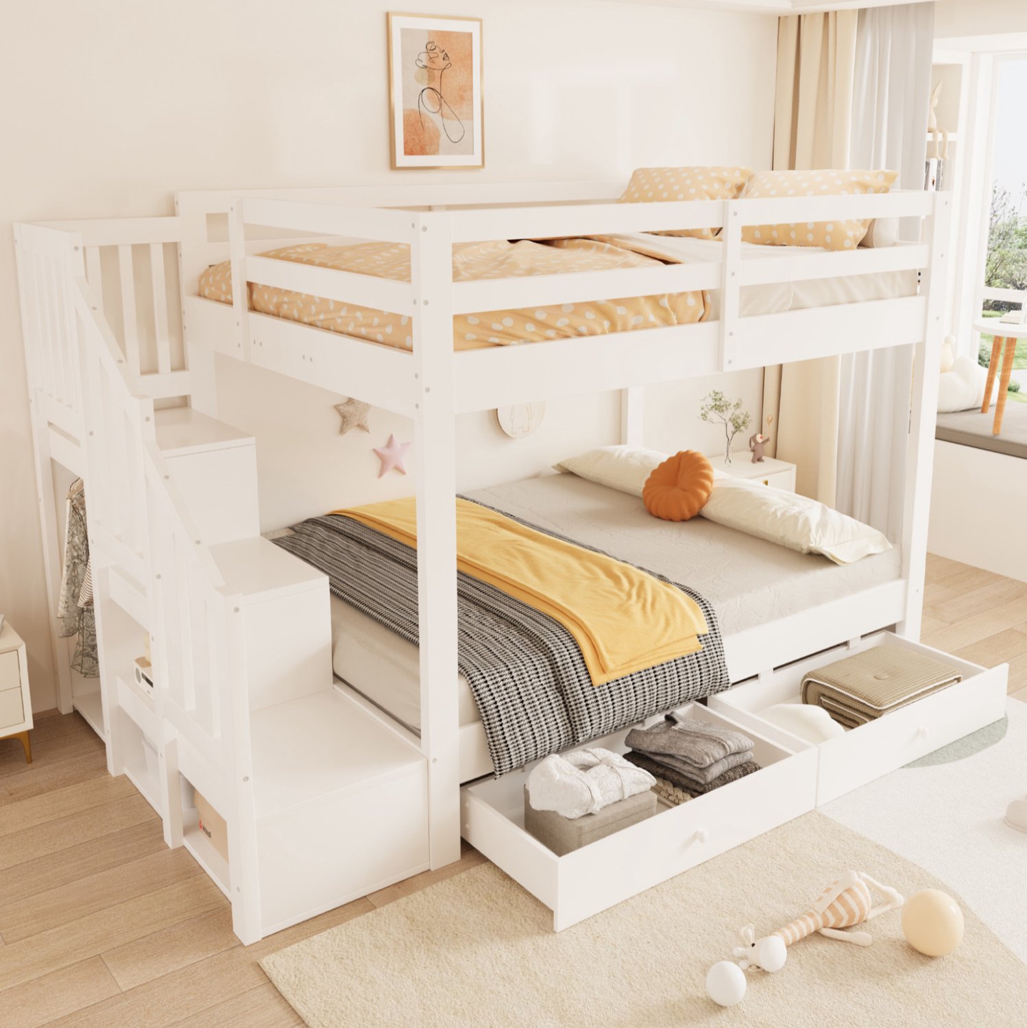 STILVORA Stapelbed 140 x 200 cm – Twee Slaapplaatsen – Opbergtrap en Twee Laden – Lattenbodems en Uitvalbeveiliging – Zonder Matras – Hout en MDF – Wit