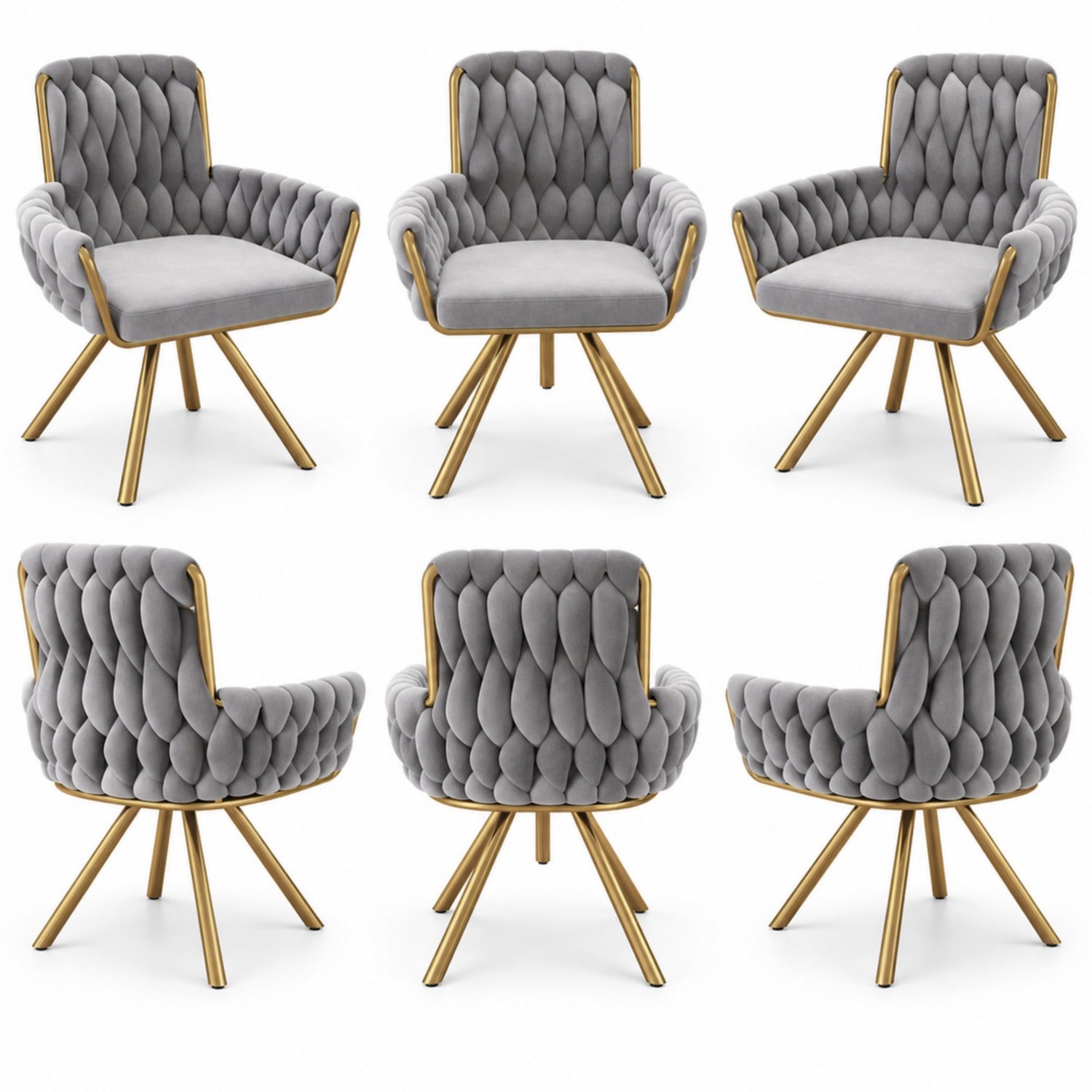 LONG DRAGON - Velvet eetkamerstoelen - Set van 6 - 360 graden draaibaar - Vier metalen poten - Voor woonkamer en slaapkamer - Grijs