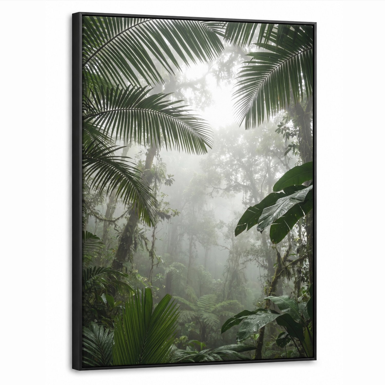 Canvas Schilderij met Baklijst - Natuur - Jungle - Mist - Groen - Bladeren