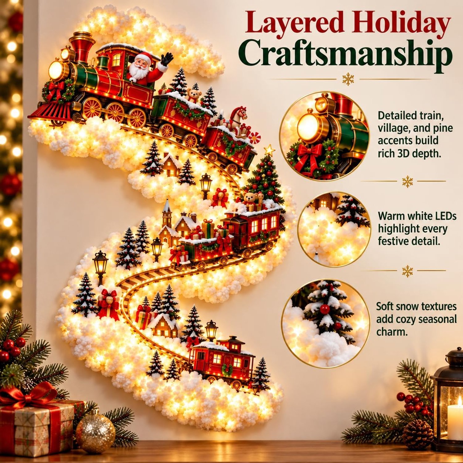 Kerstwandlamp - Warm wit LED - Verticale kerstwandlamp - Hangende decoratie met kerstman en trein - Waterval LED-wandlamp - Decoratieve kerstverlichting - Feestelijke sfeer - Kerstdecoratie - 44*88 cm - Ontwerp met kersttrein - Rood + Groen – foto 5