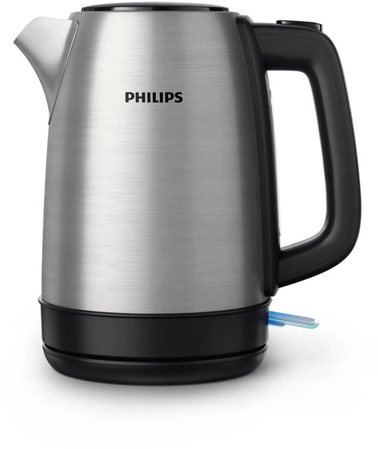 Bouilloire Philips en métal brossé avec poignée, base noire et interrupteur bleu.