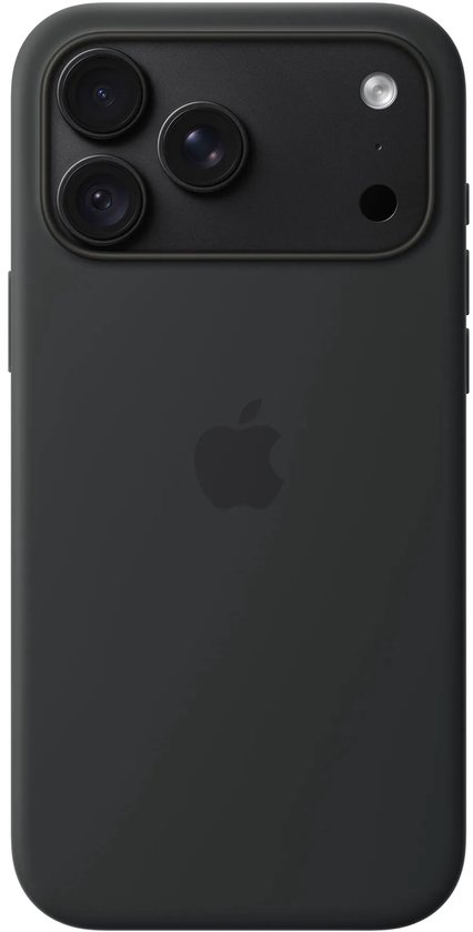 Zwart siliconen iPhone-hoesje met matzwarte camerabedekking en Apple-logo in het midden.