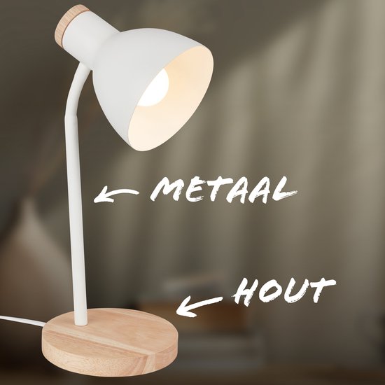 Witte bureaulamp met houten voet, aanduidingen Metaal en Hout.