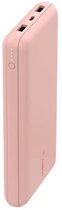 Roze Belkin-powerbank verticaal weergegeven met LED-batterij-indicator en Belkin-logo.