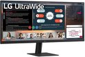 LG UltraWide-monitor toont een zakelijke meeting op het scherm met grafieken en deelnemers in een videocall.