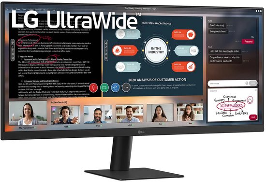 LG UltraWide-monitor toont een zakelijke meeting op het scherm met grafieken en deelnemers in een videocall.
