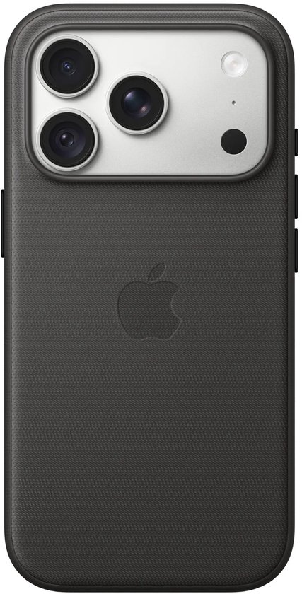 Zwart hoesje met zilverkleurig camerablok en Apple-logo op de achterkant.