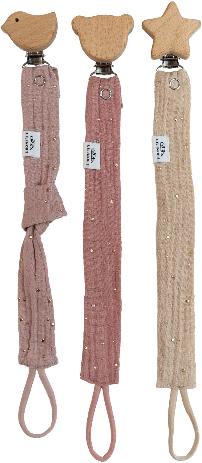 LILIMAUS Speenkoord met gouden details - set van 3 - mousseline katoen met houten clip - zachtroze, poederroze en roze