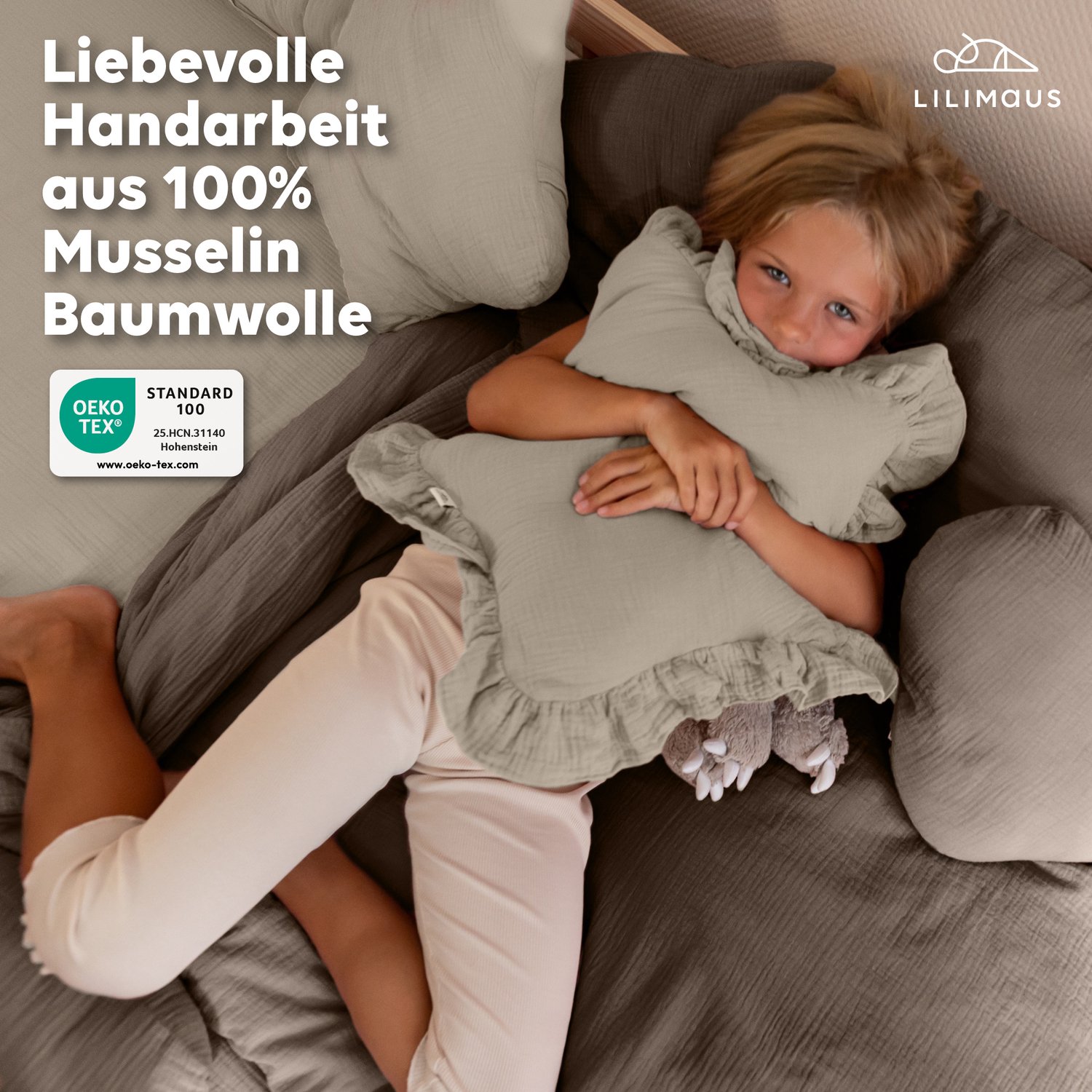 LILIMAUS Sierkussen hart - mousseline katoen - donkerbeige