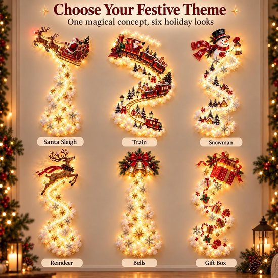 Zes thema's voor feestelijke wanddecoratie: arrenslee, trein, sneeuwpop, rendier, klokken en geschenkdoos.