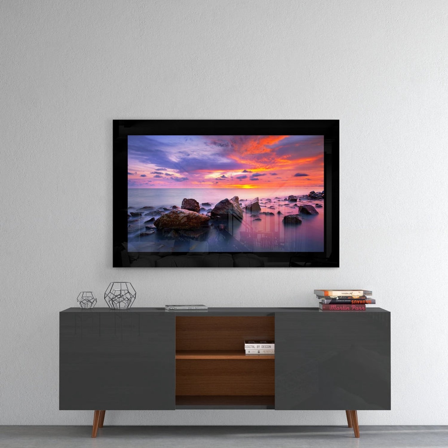 Glasschilderij – Kust met Rotsblokken en Levende Zonsondergang – Karaktervolle Wandkunst