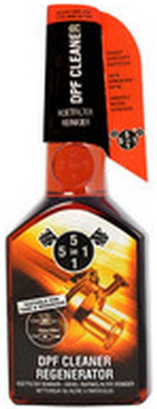 Fles 5in1 roetfilterreiniger (DPF Cleaner) met oranje accenten en 5-in-1 logo op een zwarte achtergrond.