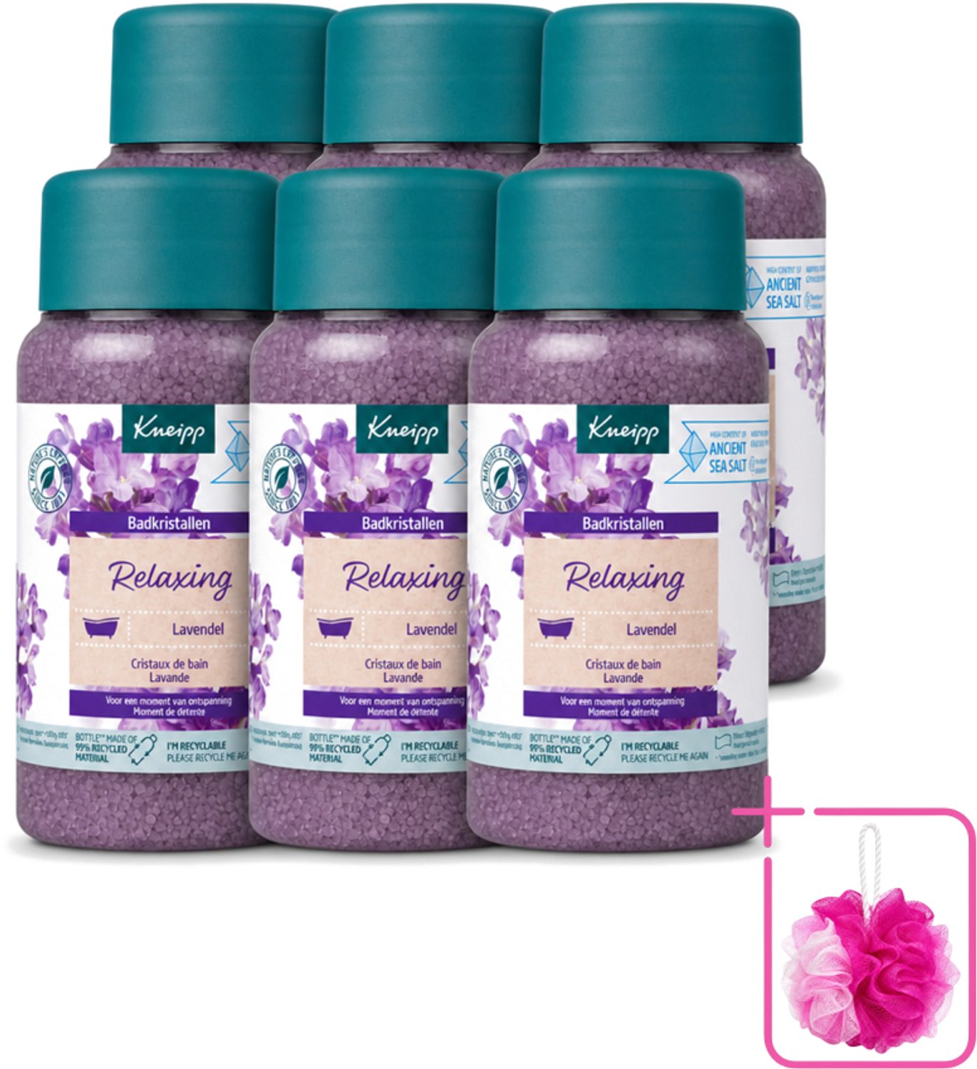 6 x Kneipp - Badzout - Badkristallen - Lavendel - 600 g - Bulkverpakking - Badkristallen - Douchemop - Ontspanning