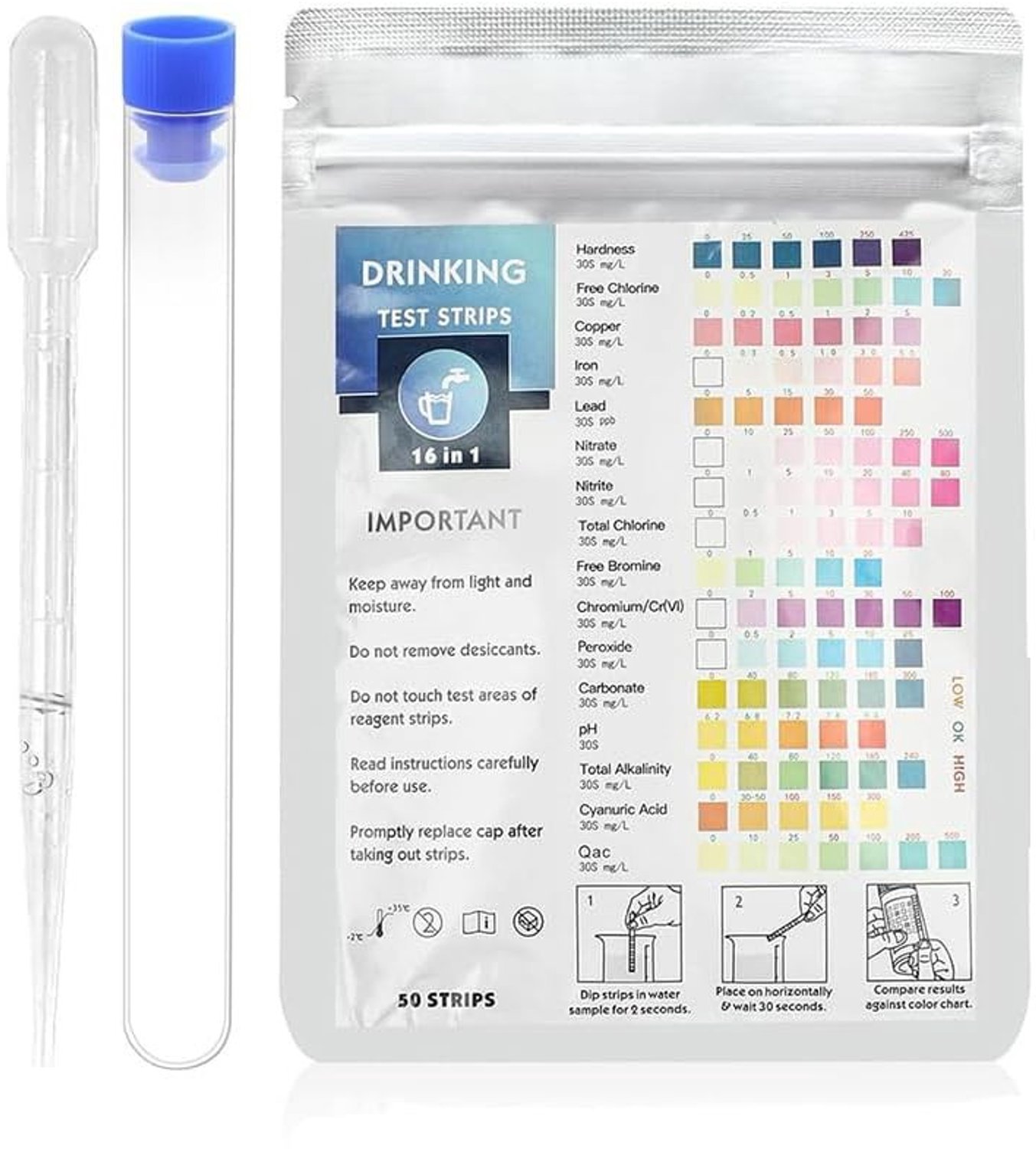 Complete water test strips voor zwembad, jacuzzi en aquarium - 16-in-1 met 50 strips voor pH, hardheid en chloorwaarden