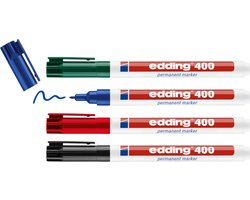 edding 400 permanent marker - zwart, rood, blauw, groen - 4 stiften - ronde punt 1 mm - water en wrijfvast - voor karton, kunststof, hout, metaal, etc. - alcohol markers voor volwassenen