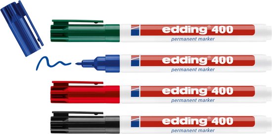 Vier edding 400 permanente markers in groen, blauw, rood en zwart, met een blauwe lijn getekend.