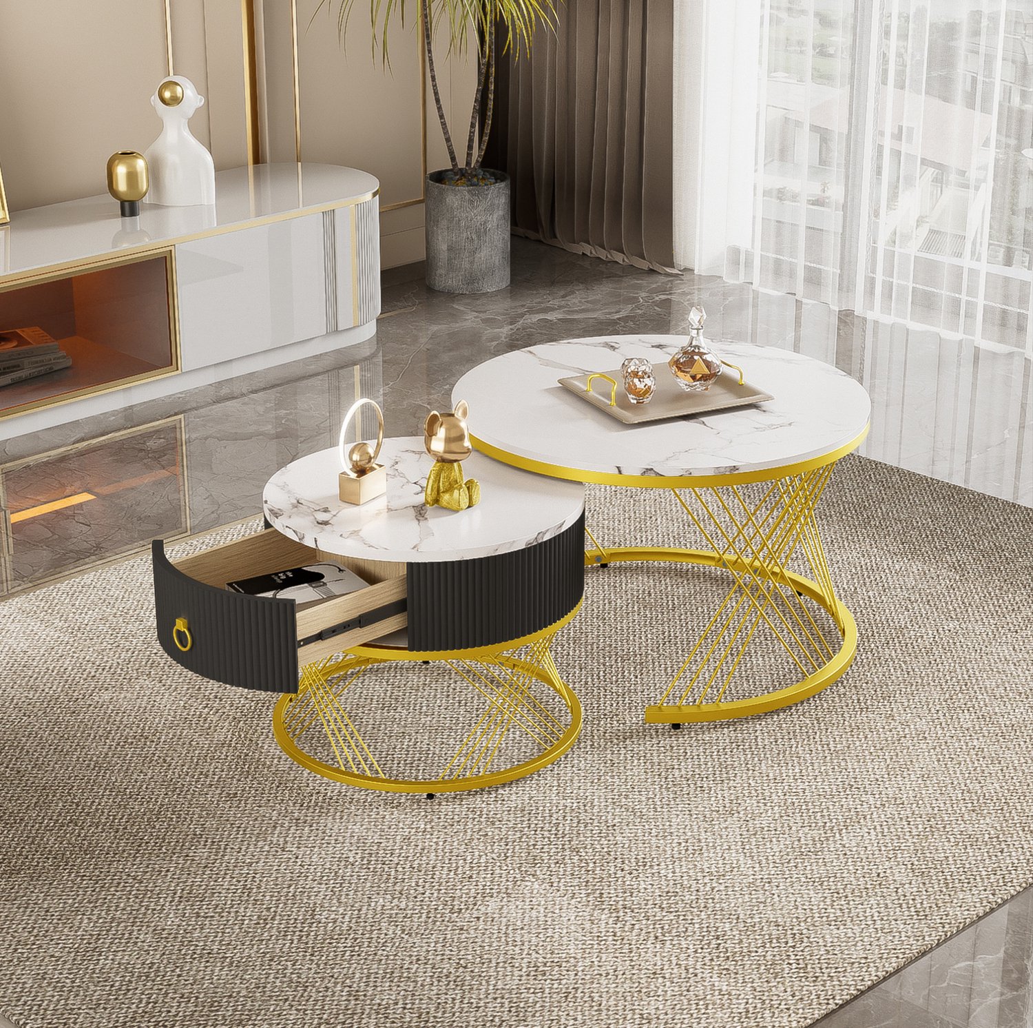 CHICFURN Salontafel - Set van 2 - Nestelbaar - Rond - Wit en goud