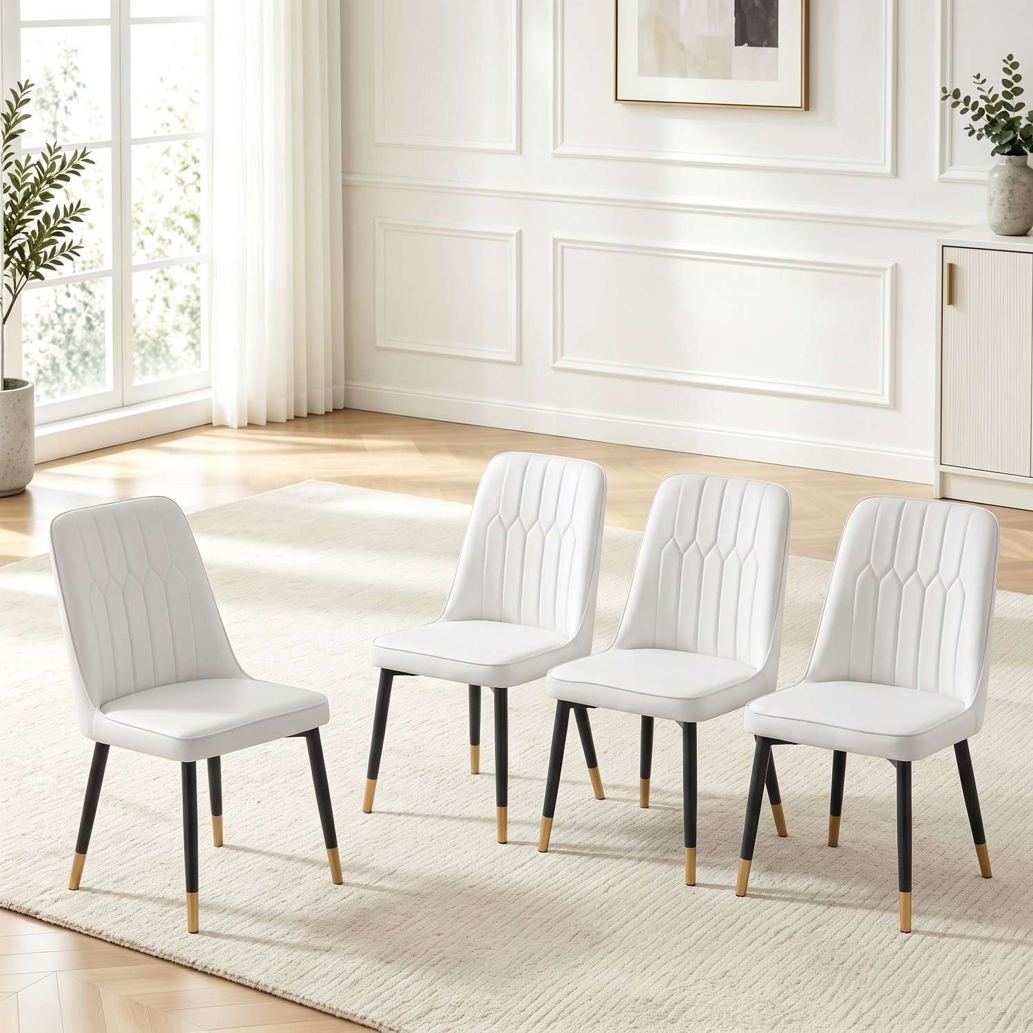 Clruro Eetkamerstoelen - Zitvlak 43×41,5 cm - Set van 4 - Zwarte Poten - PU/Metaal - Wit Wit+Zwart