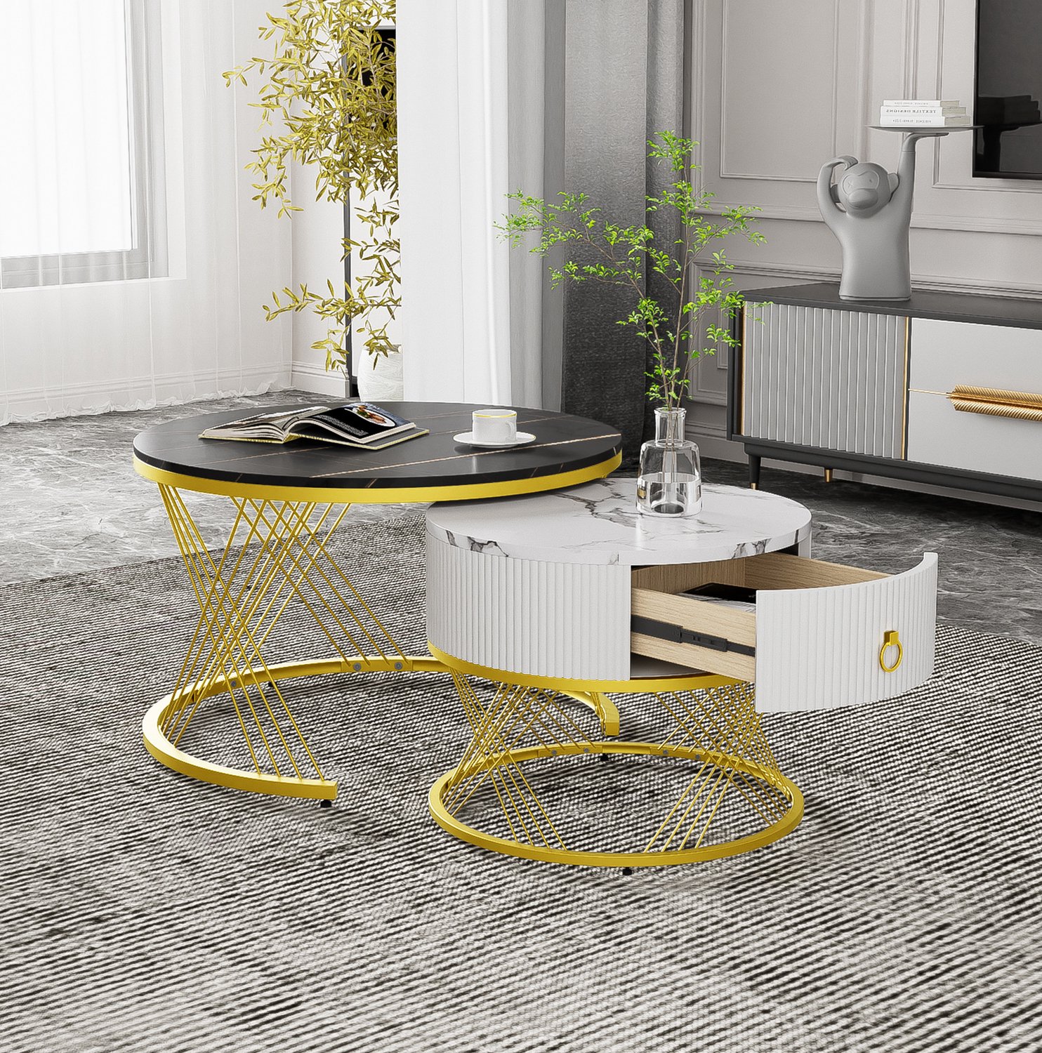CHICFURN Salontafel 70 cm - met lade - set van 2 - woonkamer - MDF, kunststof en metaal - zwart, wit en goud