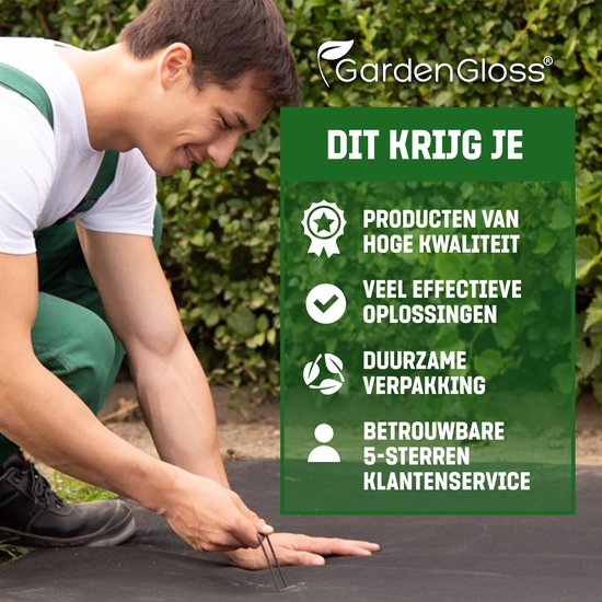 Man in overall legt grondanker in zwarte stof. "Dit krijg je: producten van hoge kwaliteit, veel effectieve oplossingen, duurzame verpakking, betrouwbare 5-sterren klantenservice."
