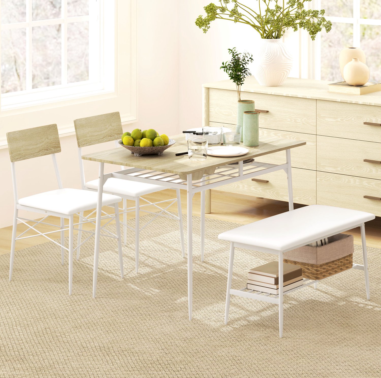 CHICFURN Eettafelset - 4 personen - opbergrekken - 4-delige set - eiken