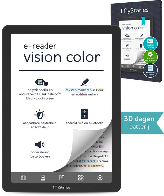 MyStories E-reader Vision Color - 6 inch Kleurenscherm - E Ink Touchscreen - 32GB opslag - Schermverlichting - E-books & Luisterboeken - Zwart - Compatibel met o.a. Kobo Plus en St…
