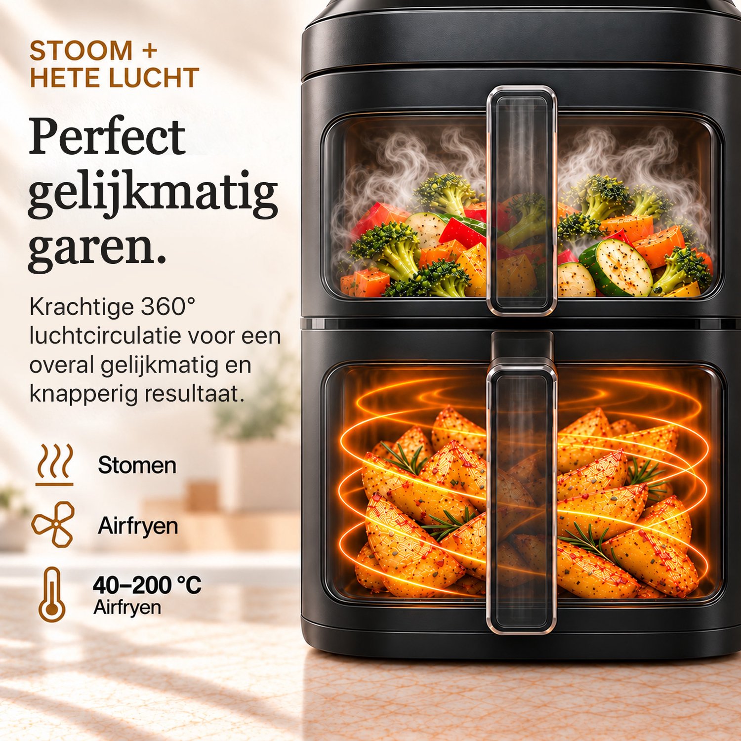 SwayTosh Cloud Airfryer met Stoomfunctie - 11L - PFAS Vrij - Double Stacked - Dubbele Airfryer XXL - Stomen én Airfryen - 2 Manden - 10 Kookprogramma's - 40-200°C - Dubbele Heteluchtfriteuse - 2750W thumbnail 2