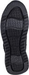 Zwarte, geribbelde rubberen buitenzool van een Skechers sneaker met een golfpatroon in het midden.