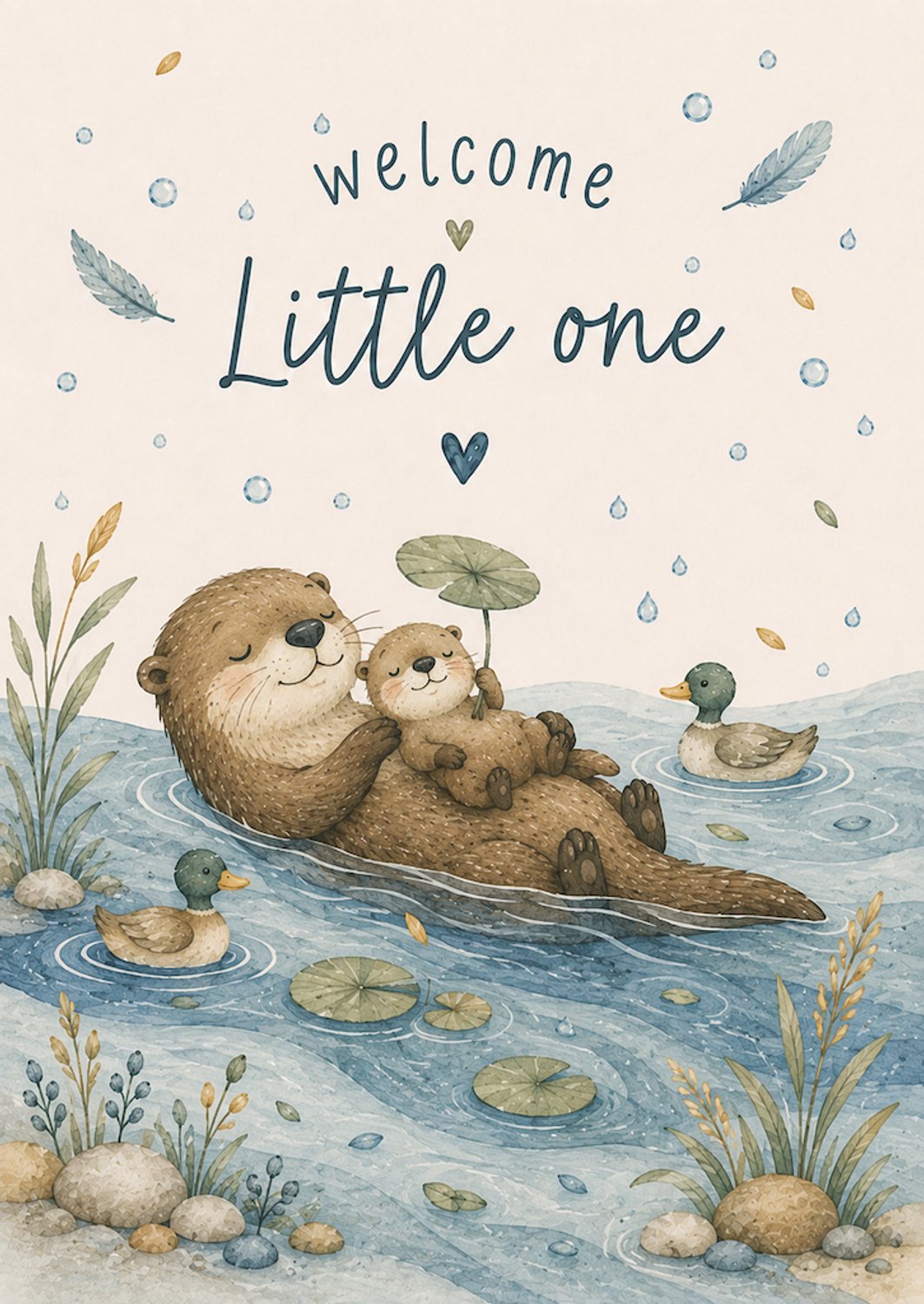 Babykaart Welcome Little One met otters – A6 felicitatiekaart voor een geboorte