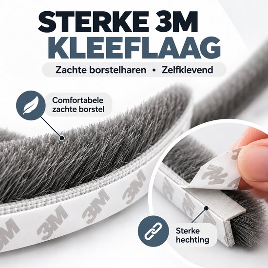 Grijze borstelstrip met sterke zelfklevende 3M-laag voor een goede hechting.