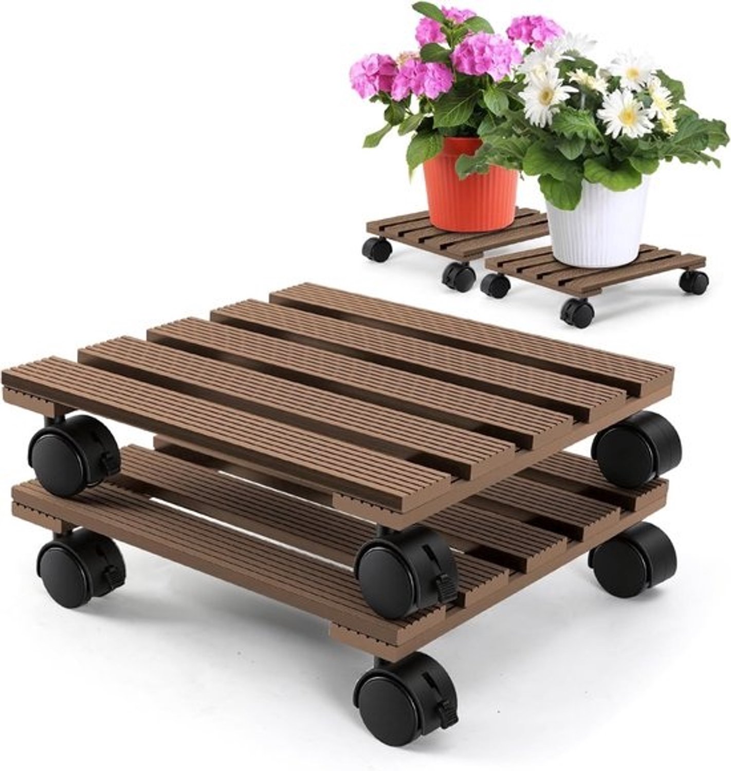 Plantenroller met wielen - Onderzetter voor bloempotten - Potten verplaatsen - Weerbestendig WPC-materiaal - 30x30 cm 80 kg - Bruin