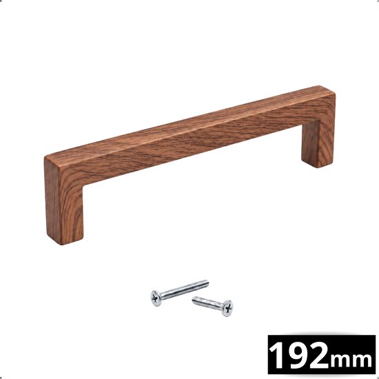 Meubelgreep in walnoothout-look met 192mm boorafstand, inclusief twee schroeven.