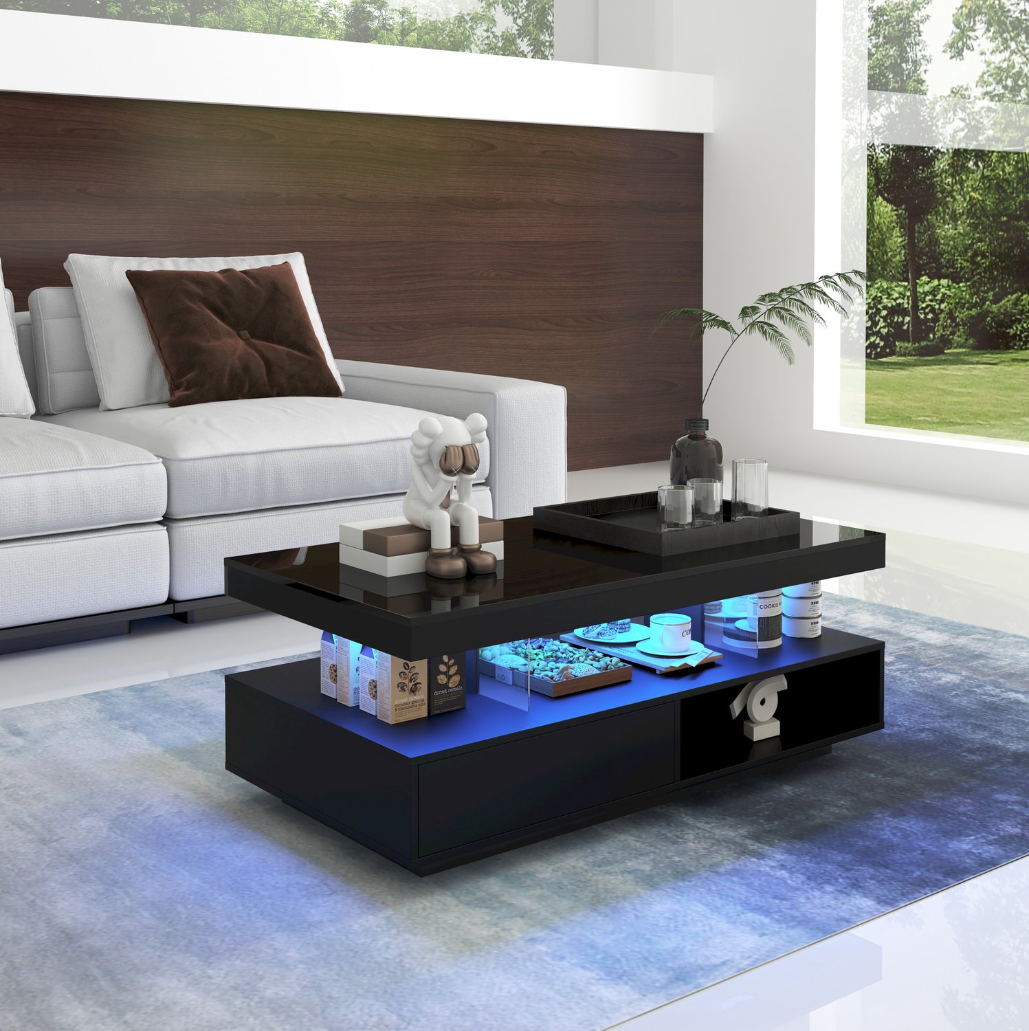 CHICFURN Salontafel 95 cm - 2 lades en 2 open vakken - rechthoekig - woonkamer - spaanplaat en glas - zwart