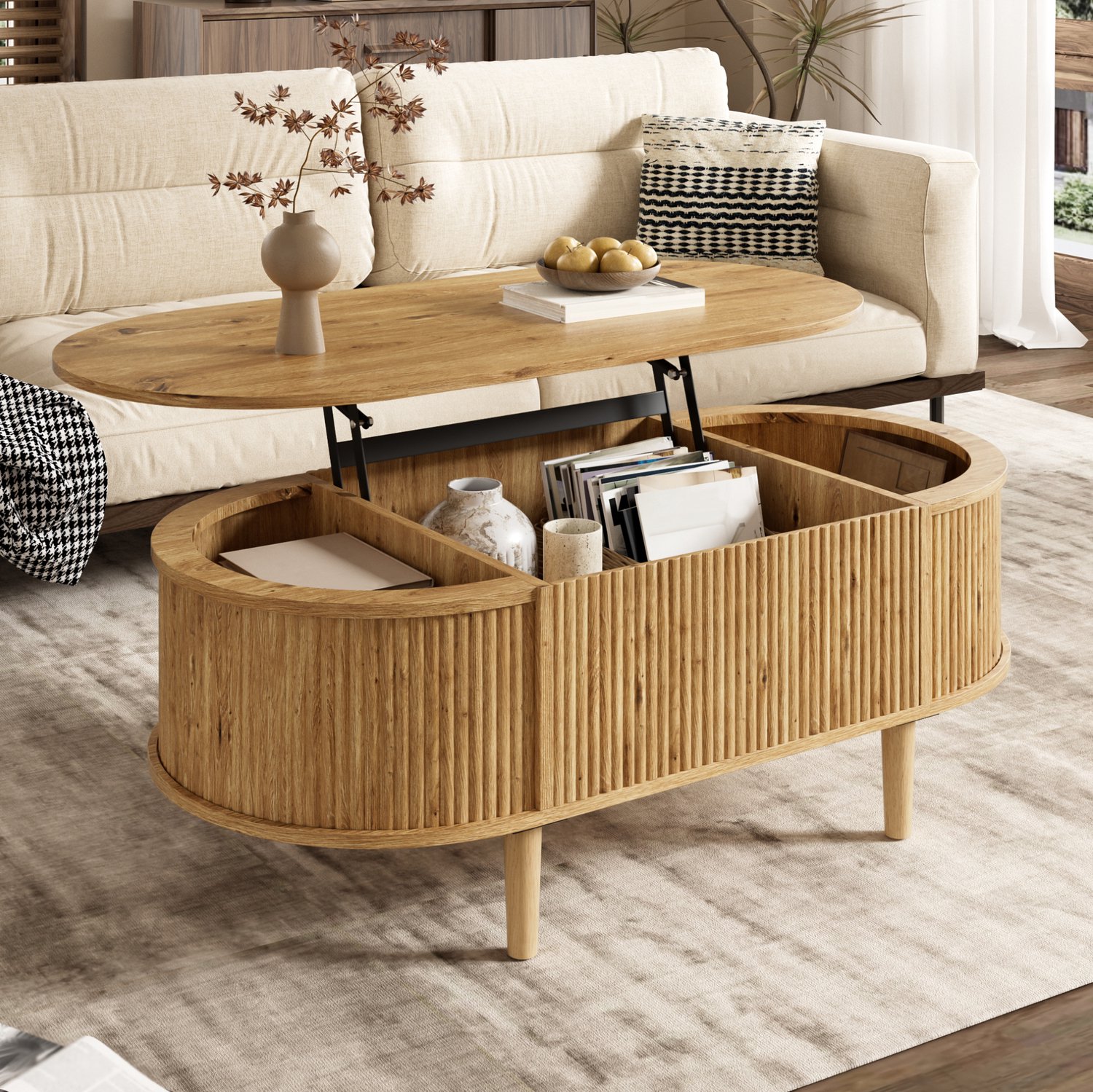 CHICFURN Salontafel - hoogteverstelbaar - opbergruimte - ovaal - eikenkleur