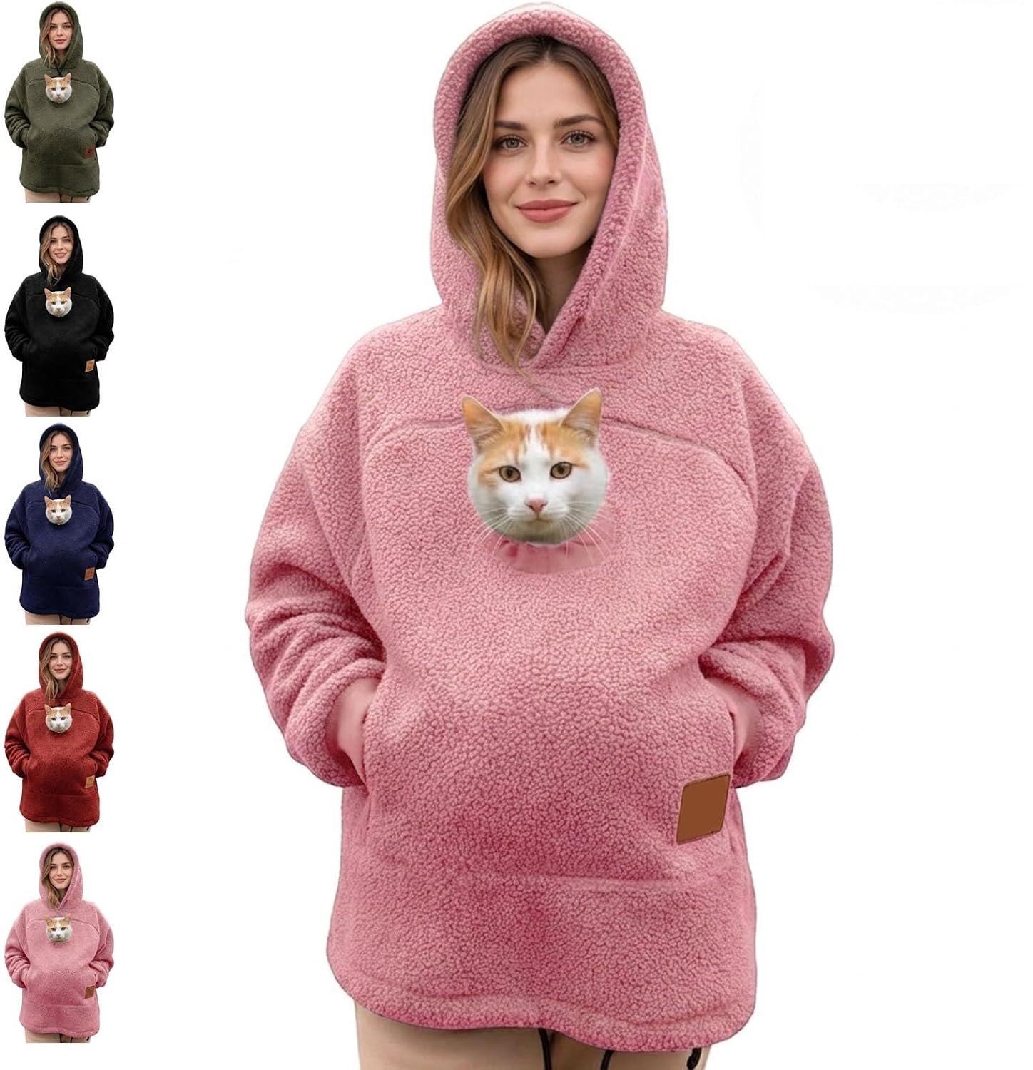 Casalora – Draagtas voor huisdieren – Draaghoodie voor huisdieren – Hoodie-ontwerp – Zacht fleece – Geschikt voor katten en kleine honden – Ritsontwerp – Warmtezak voor de handen – Losse pasvorm – Unisex – Warm en casual Roze