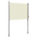Store vertical extérieur de couleur crème monté sur un cadre noir avec mécanisme de commande.