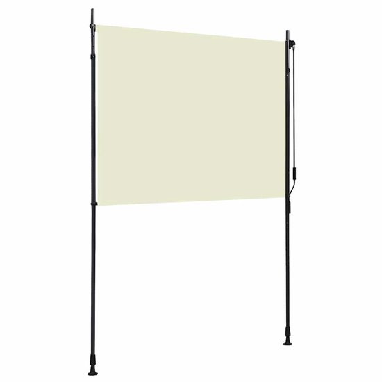 Store vertical extérieur de couleur crème monté sur un cadre noir avec mécanisme de commande.