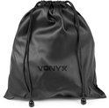 Zwarte kunstleren opbergtas met trekkoord en het Vonyx-logo in het midden.