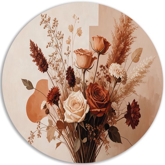 Ronde muurcirkel met gedetailleerd boeket van rozen en droogbloemen in beige, bruin en rode tinten.