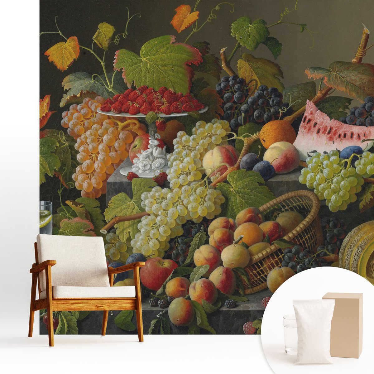 Wallfluent Fotobehang - Wit Vliesbehang - 250x250 cm - Fruitsamenstelling Fotobehang Vlies - Woonkamer behang Voedsel - Muurschildering - Woonkamer behang
