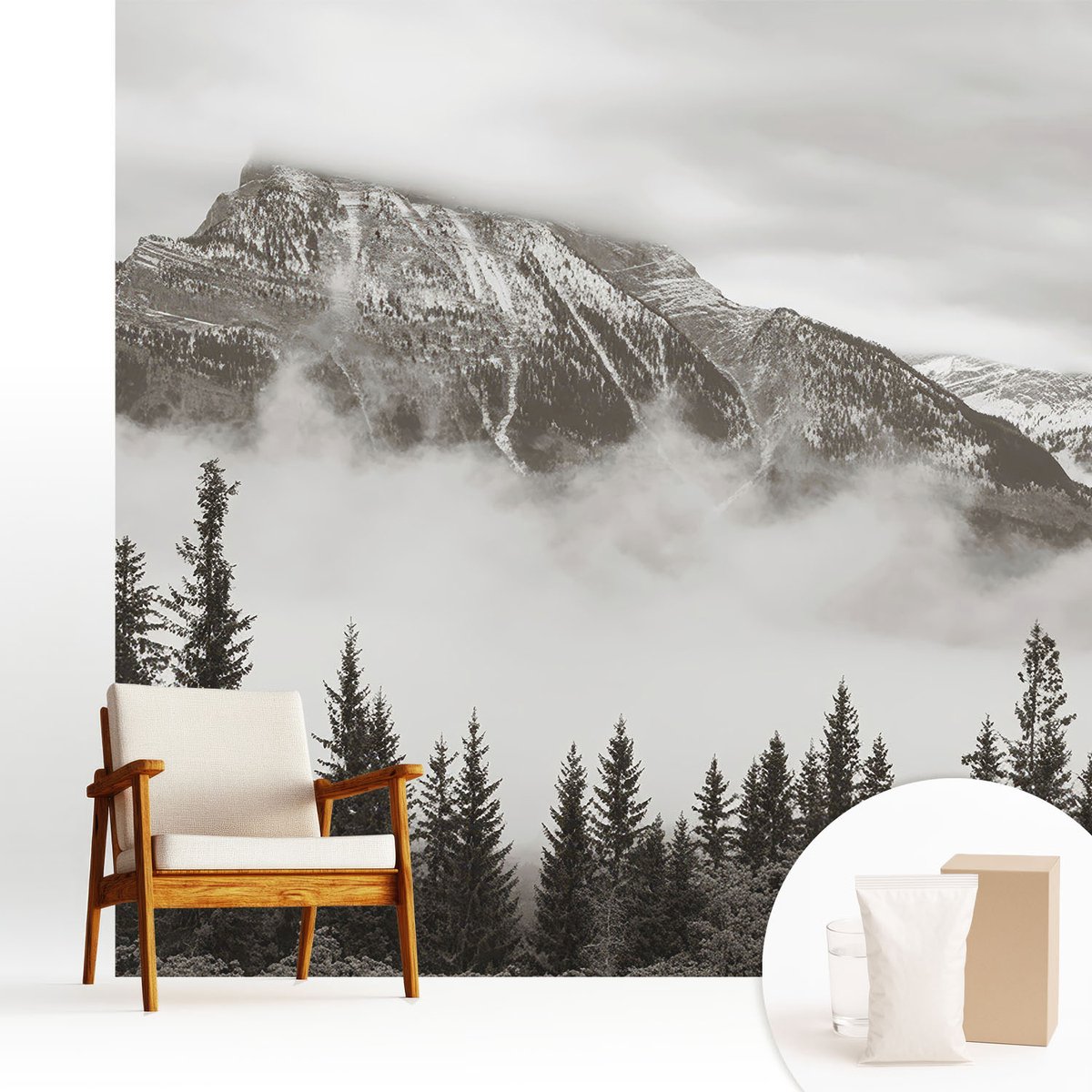 Wallfluent Fotobehang - Zwart-Wit Vliesbehang - 250x250 cm - Berglandschap Muurschildering - Gang behang Landschappen - Fotobehang Vlies - Slaapkamer behang