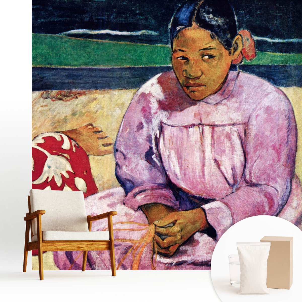 Wallfluent Fotobehang - Rood Vliesbehang - 250x250 cm - Strandscène Fotobehang Vlies - Hal behang Mensen - Muurschildering - Woonkamer behang