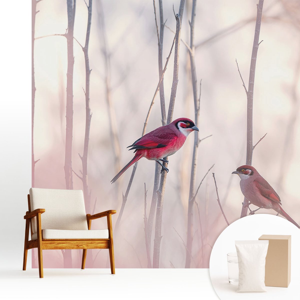Wallfluent Fotobehang - Roze Vliesbehang - 250x250 cm - Vogelpaar Muurschildering - Gang behang Dieren - Fotobehang Vlies - Gang behang