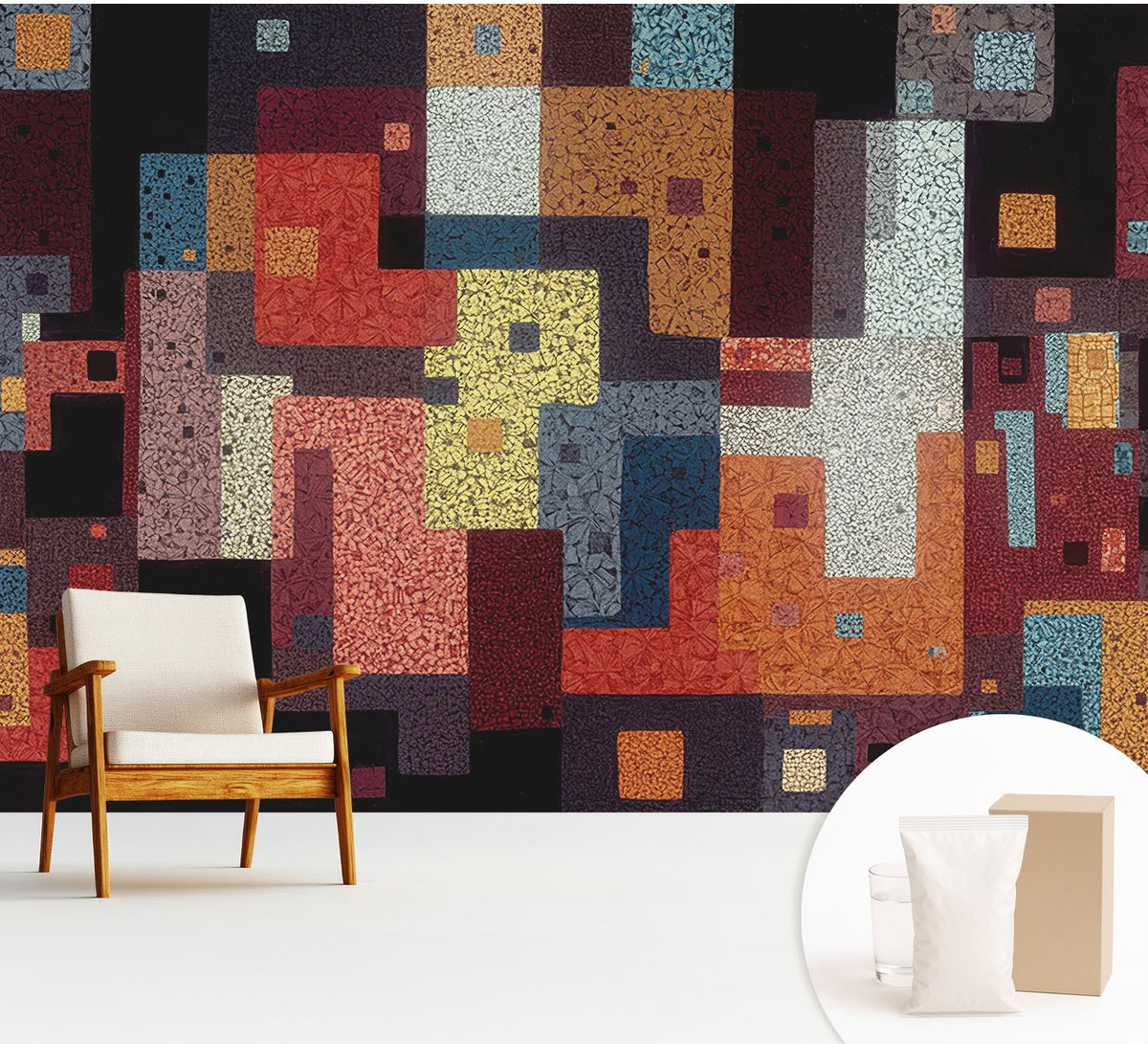 Wallfluent Fotobehang - Zwart Vliesbehang - 312x219 cm - Kleurrijke Vormen Muurschildering - Gang behang Abstractie - Fotobehang Vlies - Slaapkamer behang