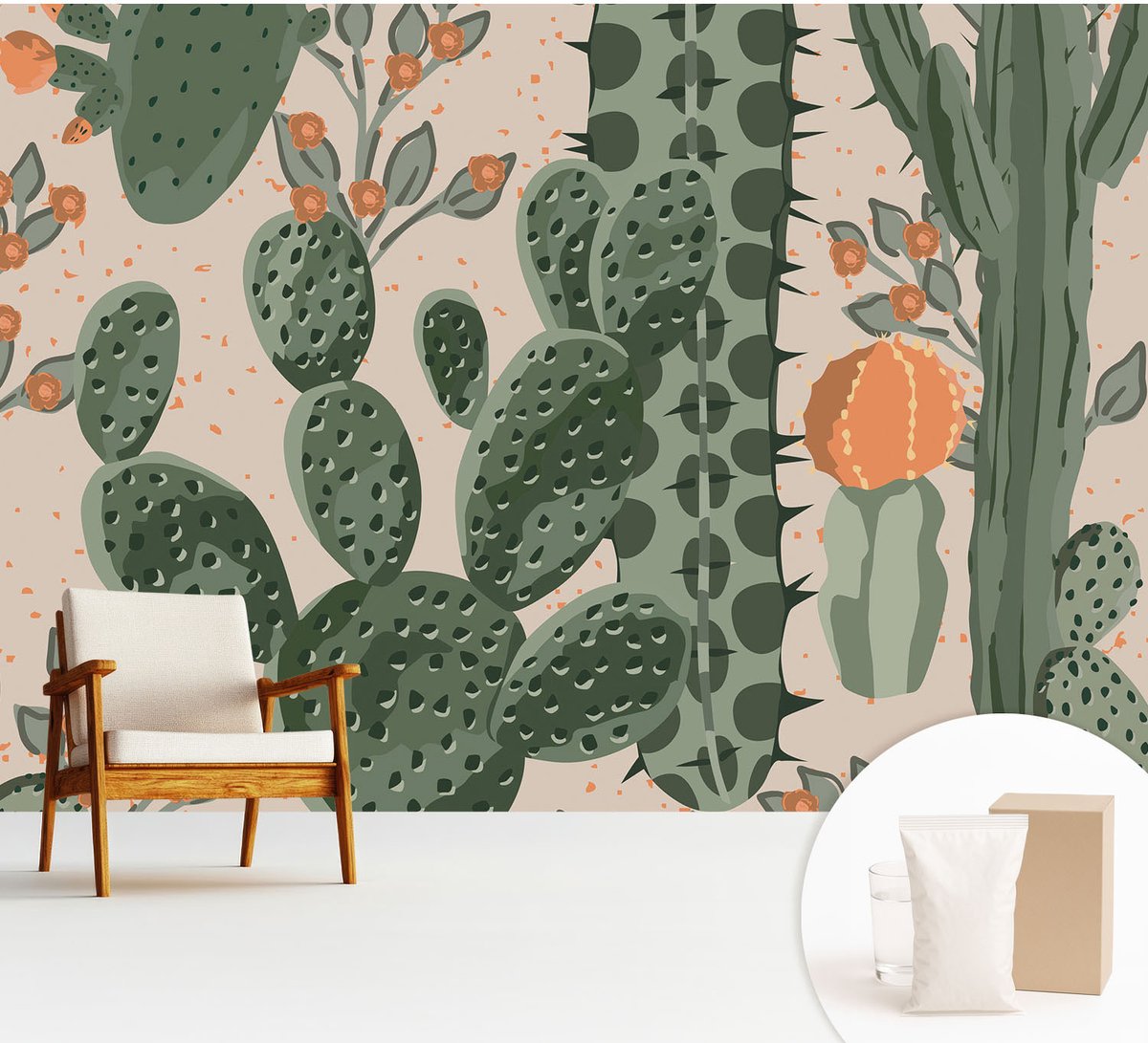 Wallfluent Fotobehang - Groente Vliesbehang - 312x219 cm - Groene Cactussen Fotobehang Vlies - Woonkamer behang Bloemen En Planten - Muurschildering - Woonkamer behang