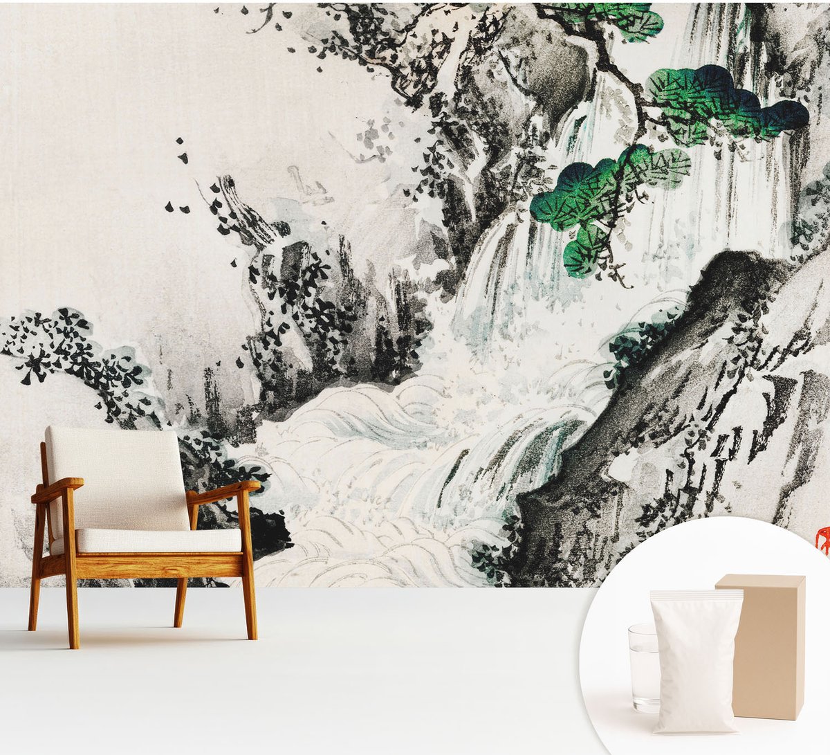 Wallfluent Fotobehang - Zwart-Wit Vliesbehang - 312x219 cm - Natuurlijke Waterval Fotobehang Vlies - Hal behang Landschappen - Muurschildering - Woonkamer behang