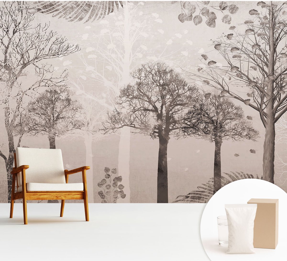 Wallfluent Fotobehang - Beige Vliesbehang - 312x219 cm - Kwetsbare Bomen Muurschildering - Gang behang Bloemen En Planten - Fotobehang Vlies - Gang behang