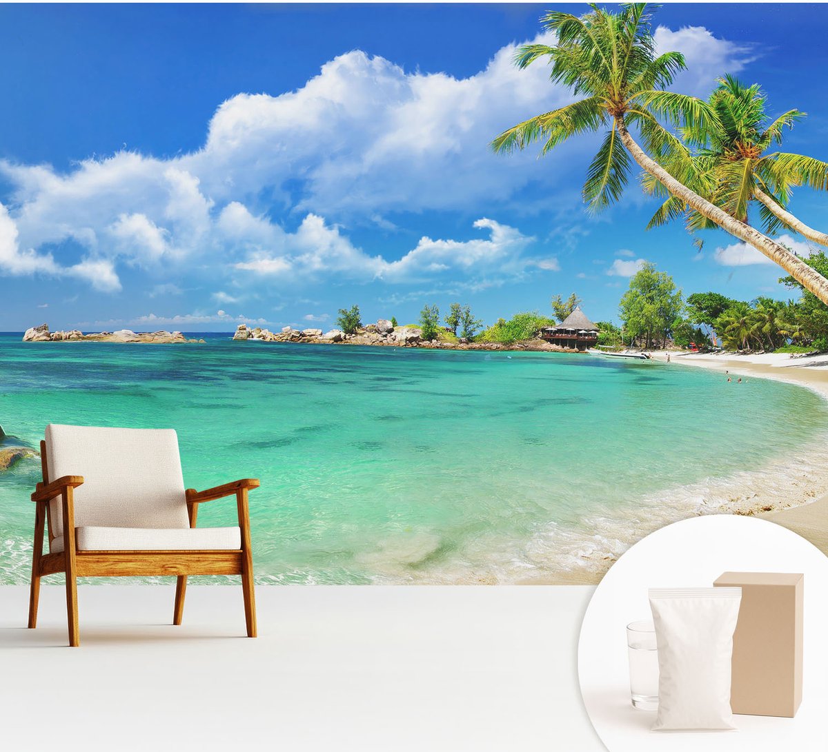 Wallfluent Fotobehang - Blauw Vliesbehang - 312x219 cm - Tropisch Paradijs Fotobehang Vlies - Hal behang Landschappen - Muurschildering - Woonkamer behang
