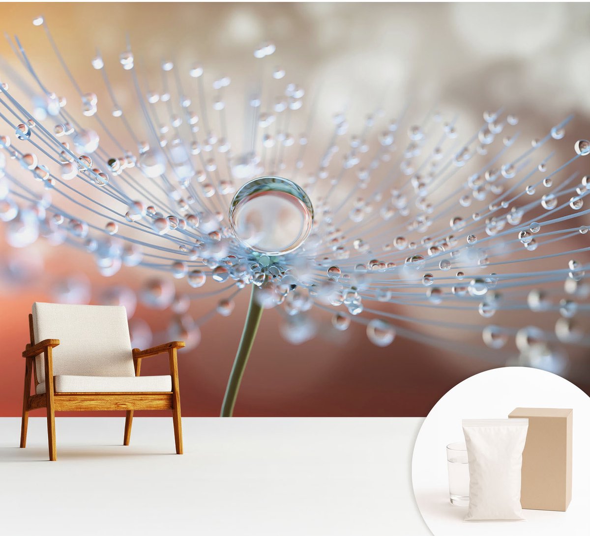 Wallfluent Fotobehang - Wit Vliesbehang - 312x219 cm - Een Druppel Op Een Paardenbloem Fotobehang Vlies - Woonkamer behang Bloemen En Planten - Muurschildering - Woonkamer behang